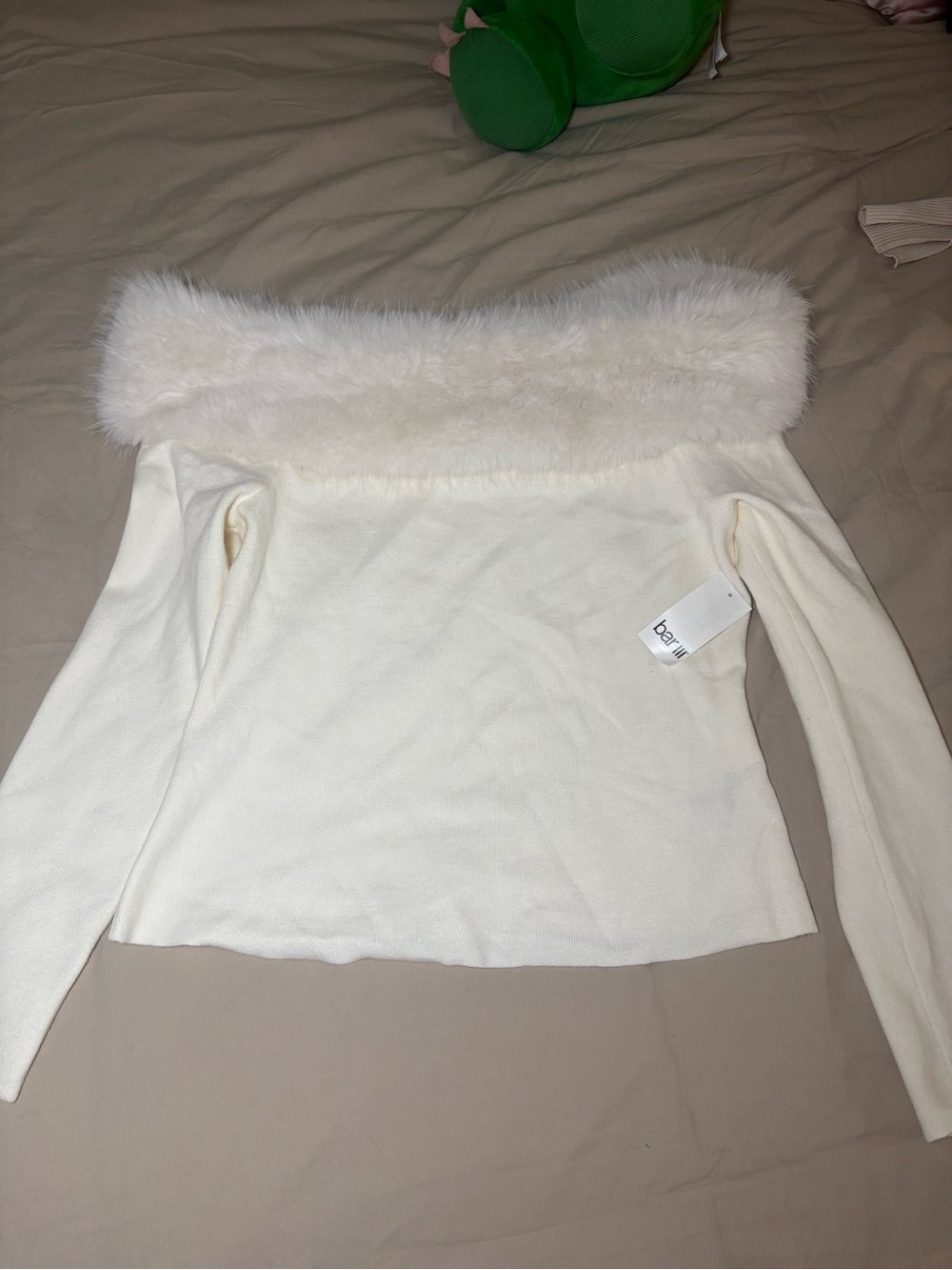 Bar III Cream Off-the-Shoulder Faux Fur Trim Sweater